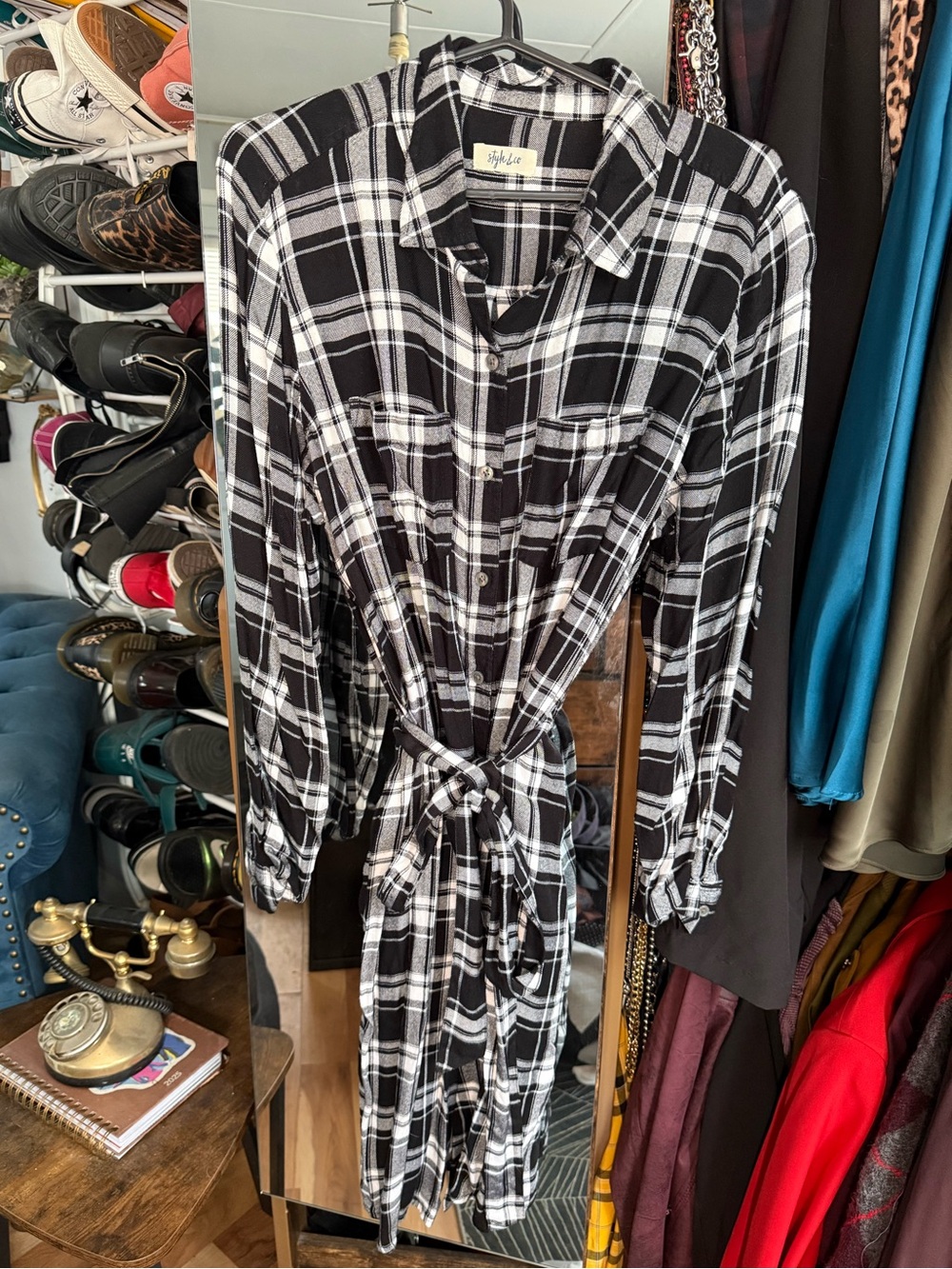 Style & Co. Black and White Plaid Long-Sleeve Shirt Dress with Tie Waist